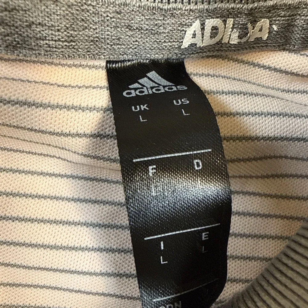 Adidas GOLF Polo Shirt Mens LARGE PINK GRAY STRIPE Short Sleeve Performance